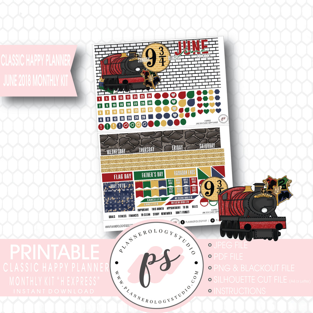 H Express (Harry Potter) June 2018 Monthly View Kit Digital Printable Planner Stickers (for use with Classic Happy Planner) - Plannerologystudio