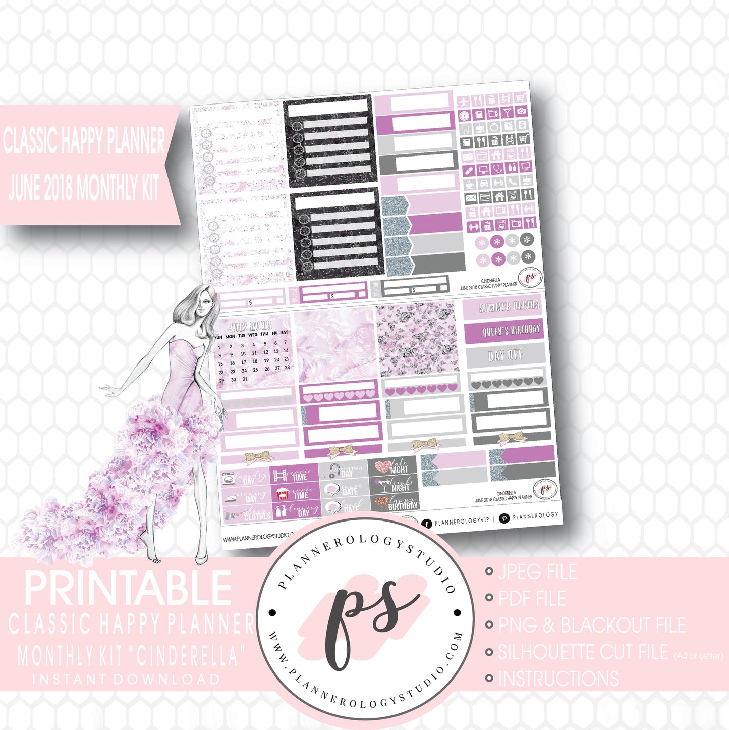 Cinderella June 2018 Monthly View Kit Digital Printable Planner Stickers (for use with Classic Happy Planner) - Plannerologystudio