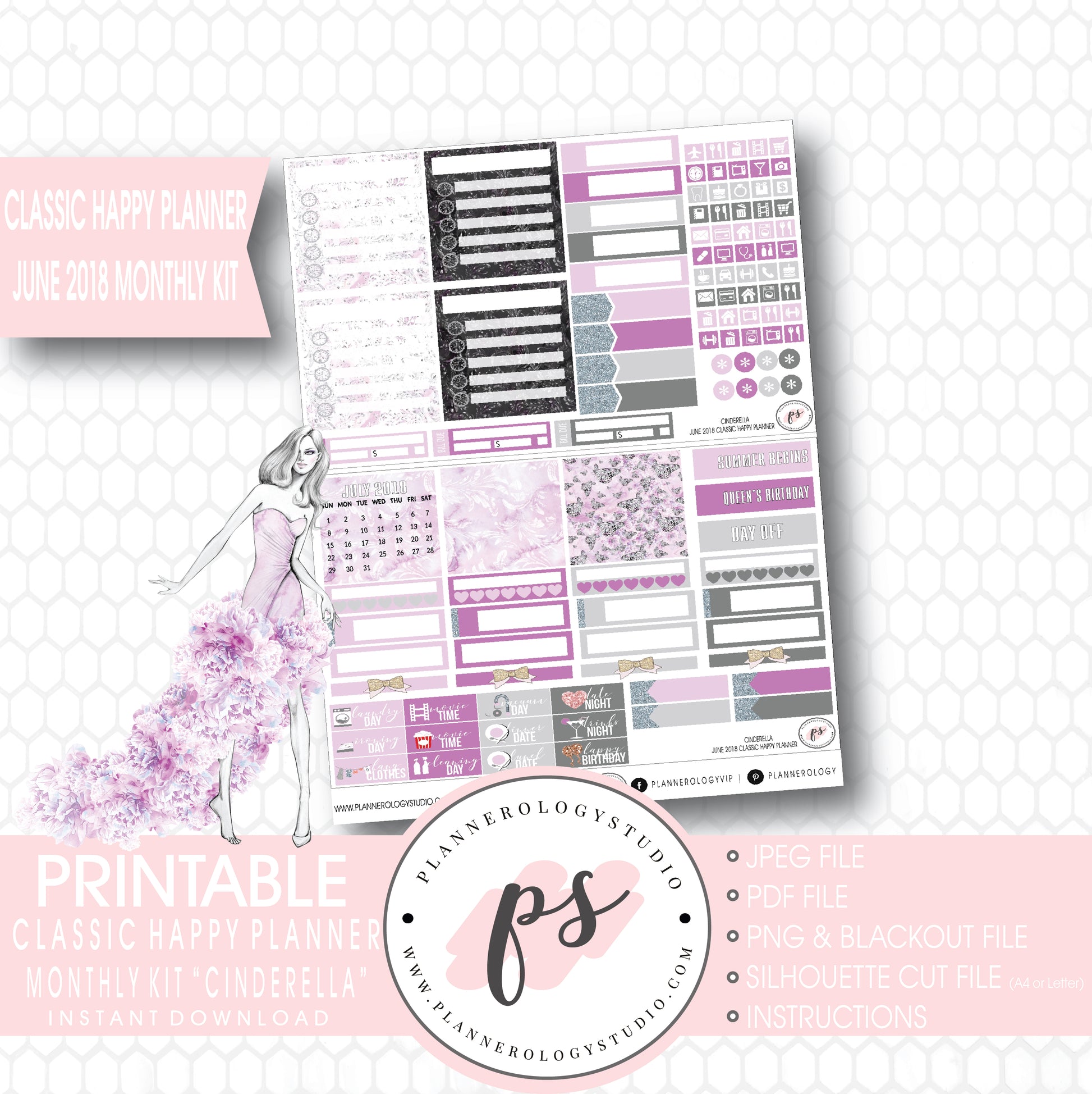Cinderella June 2018 Monthly View Kit Digital Printable Planner Stickers (for use with Classic Happy Planner) - Plannerologystudio