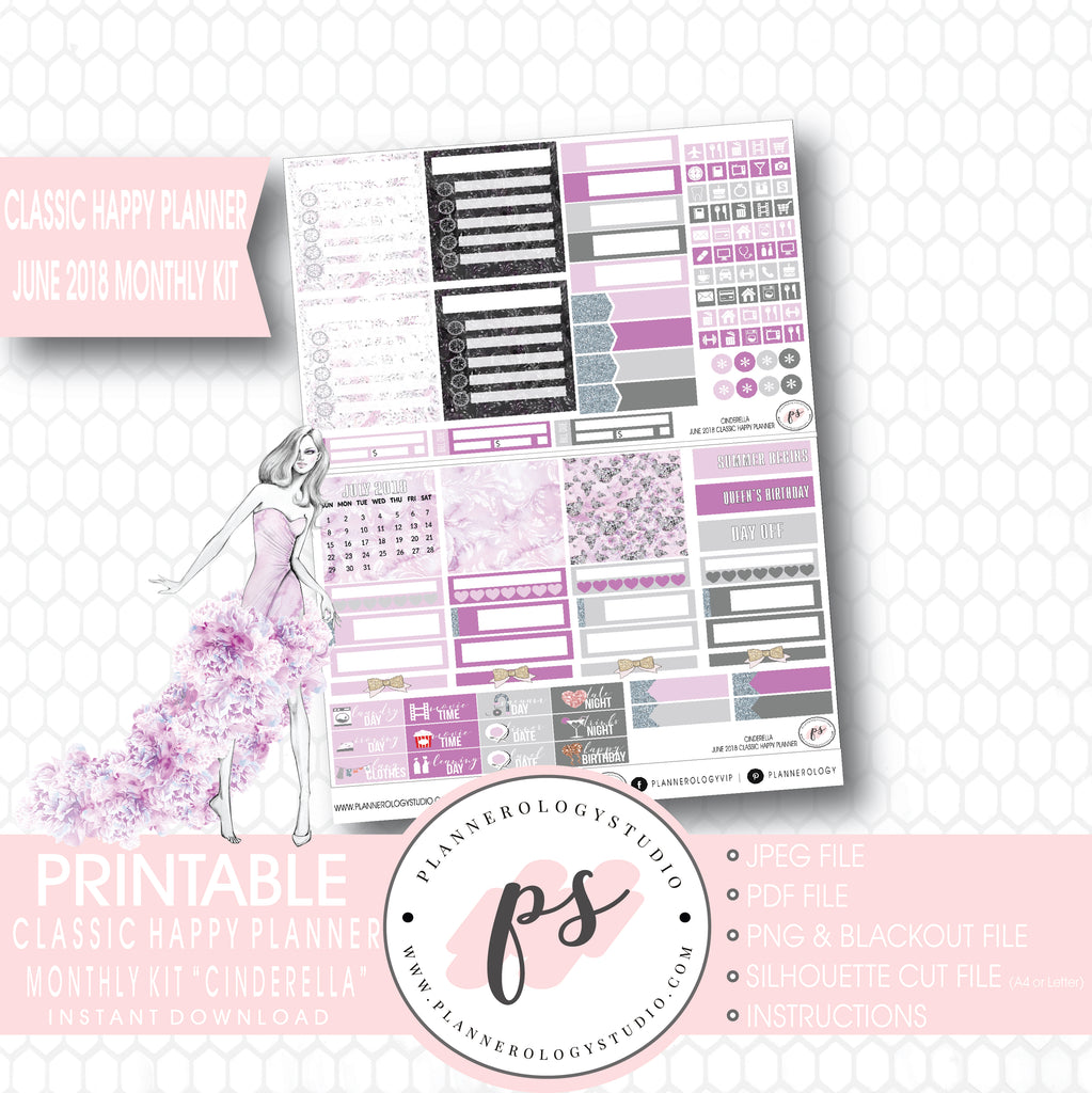 Cinderella June 2018 Monthly View Kit Digital Printable Planner Stickers (for use with Classic Happy Planner) - Plannerologystudio