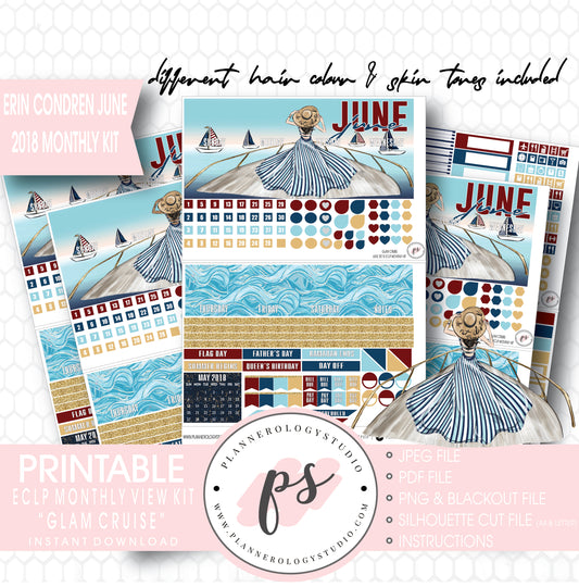 Glam Cruise June 2018 Monthly View Kit Digital Printable Planner Stickers (for use with Erin Condren) - Plannerologystudio