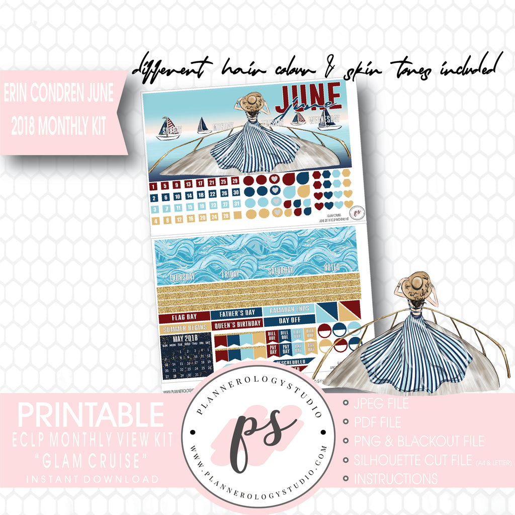 Glam Cruise June 2018 Monthly View Kit Digital Printable Planner Stickers (for use with Erin Condren) - Plannerologystudio