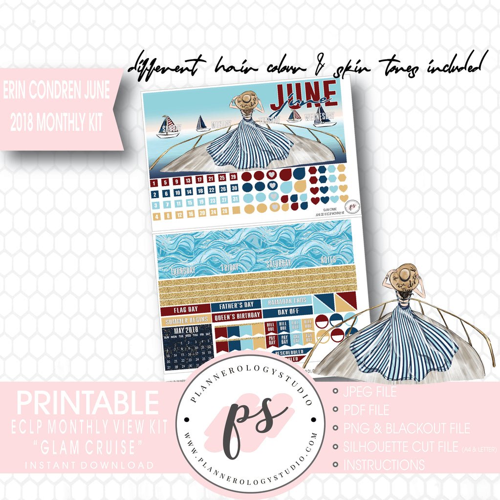 Glam Cruise June 2018 Monthly View Kit Digital Printable Planner Stickers (for use with Erin Condren) - Plannerologystudio