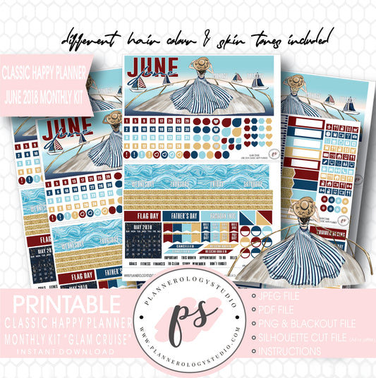 Glam Cruise June 2018 Monthly View Kit Digital Printable Planner Stickers (for use with Classic Happy Planner) - Plannerologystudio