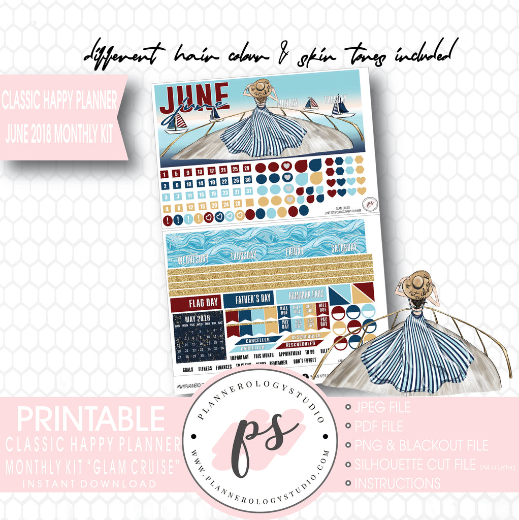 Glam Cruise June 2018 Monthly View Kit Digital Printable Planner Stickers (for use with Classic Happy Planner) - Plannerologystudio