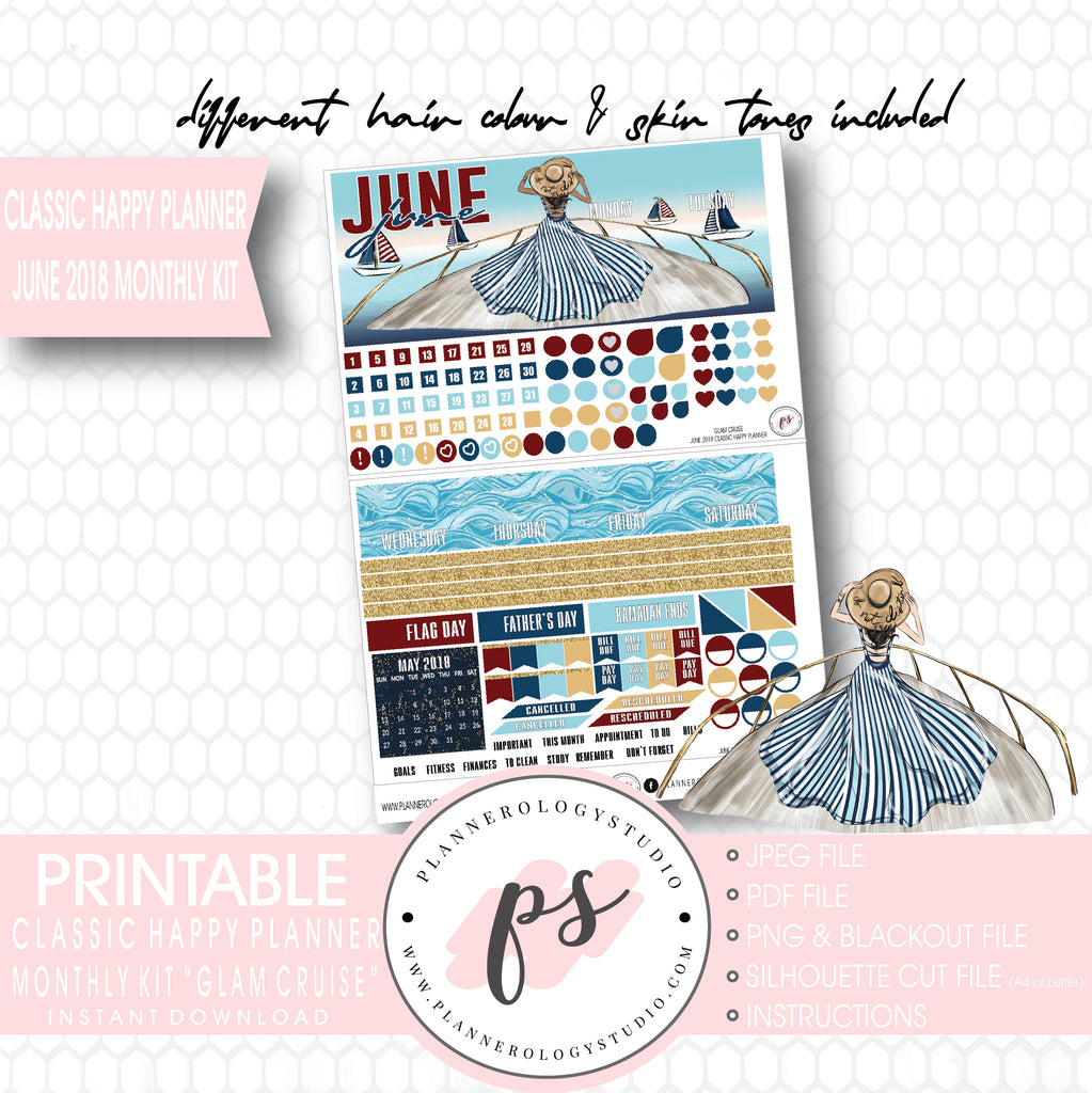 Glam Cruise June 2018 Monthly View Kit Digital Printable Planner Stickers (for use with Classic Happy Planner) - Plannerologystudio