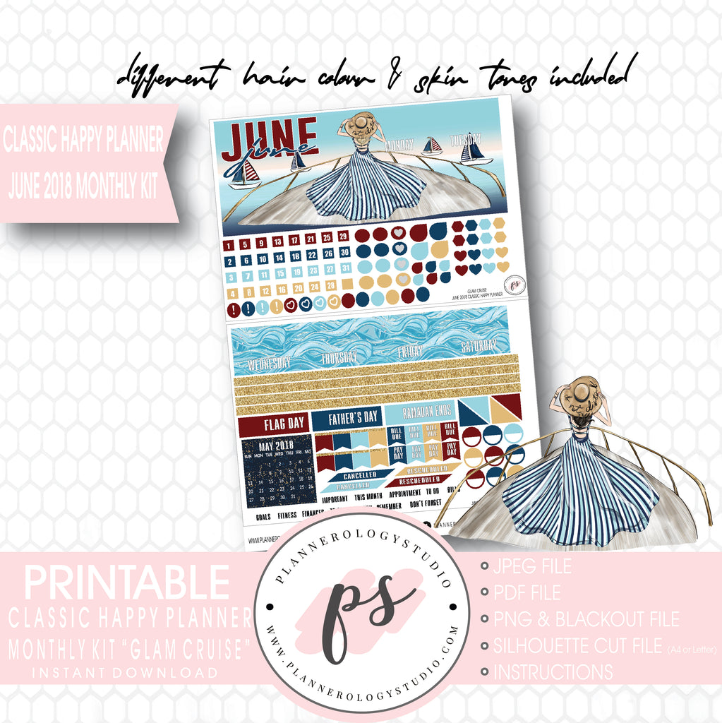 Glam Cruise June 2018 Monthly View Kit Digital Printable Planner Stickers (for use with Classic Happy Planner) - Plannerologystudio