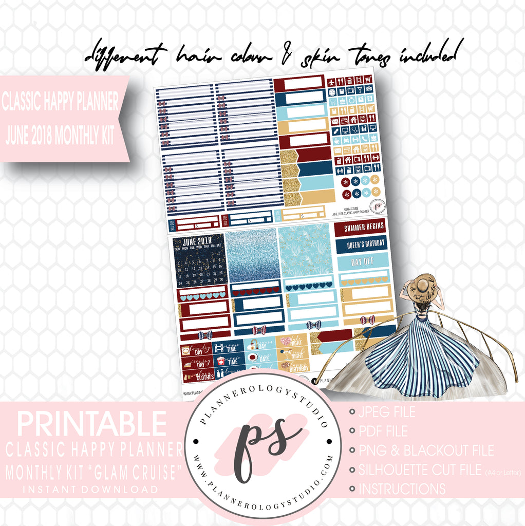 Glam Cruise June 2018 Monthly View Kit Digital Printable Planner Stickers (for use with Classic Happy Planner) - Plannerologystudio