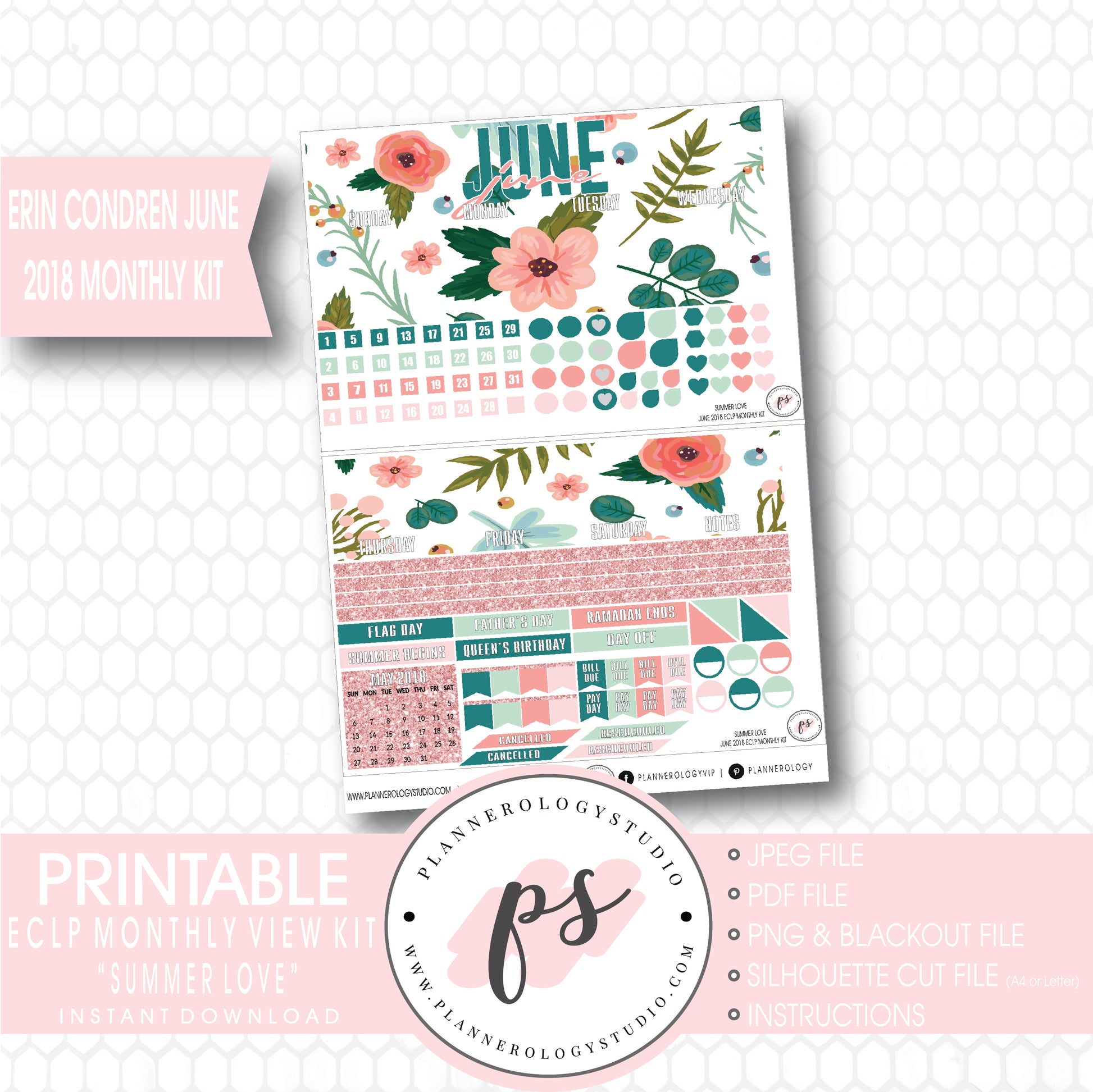 Summer Love June 2018 Monthly View Kit Digital Printable Planner Stickers (for use with Erin Condren) - Plannerologystudio
