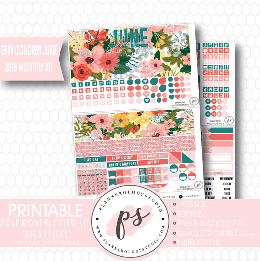 Summer Blooms June 2018 Monthly View Kit Digital Printable Planner Stickers (for use with Erin Condren) - Plannerologystudio