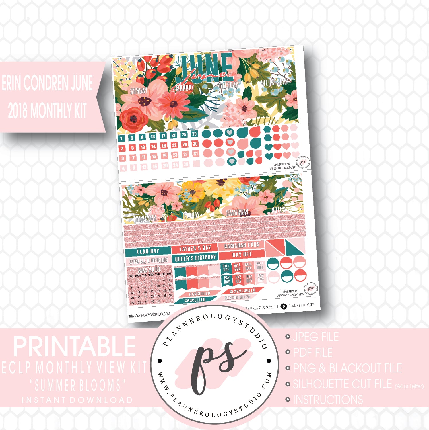 Summer Blooms June 2018 Monthly View Kit Digital Printable Planner Stickers (for use with Erin Condren) - Plannerologystudio