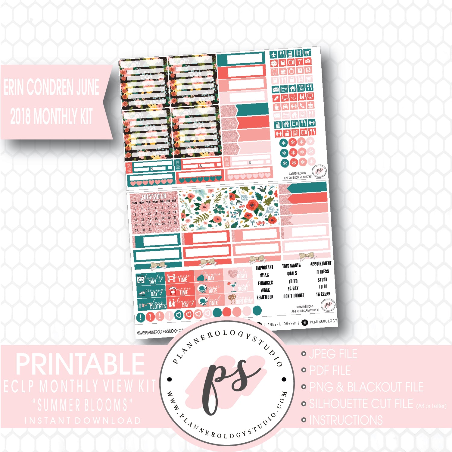 Summer Blooms June 2018 Monthly View Kit Digital Printable Planner Stickers (for use with Erin Condren) - Plannerologystudio