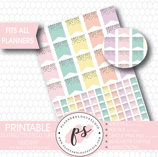 "Luscious" Silver Glitter Specks Flags Printable Planner Stickers - Plannerologystudio