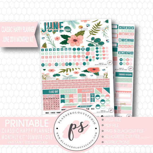 Summer Love June 2018 Monthly View Kit Digital Printable Planner Stickers (for use with Classic Happy Planner) - Plannerologystudio