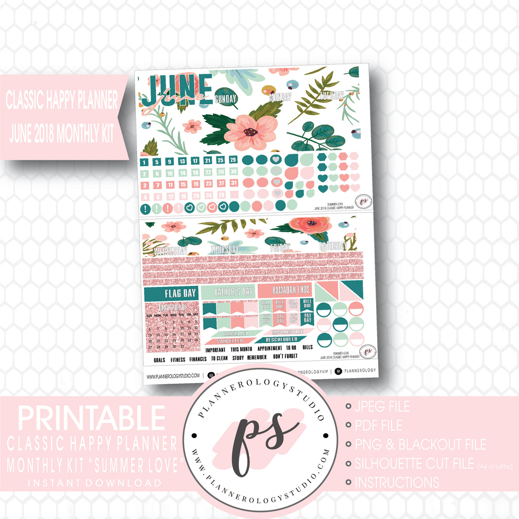 Summer Love June 2018 Monthly View Kit Digital Printable Planner Stickers (for use with Classic Happy Planner) - Plannerologystudio