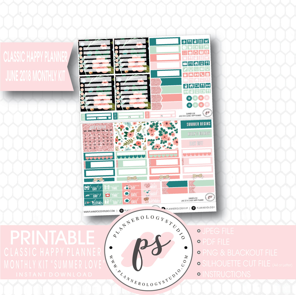 Summer Love June 2018 Monthly View Kit Digital Printable Planner Stickers (for use with Classic Happy Planner) - Plannerologystudio