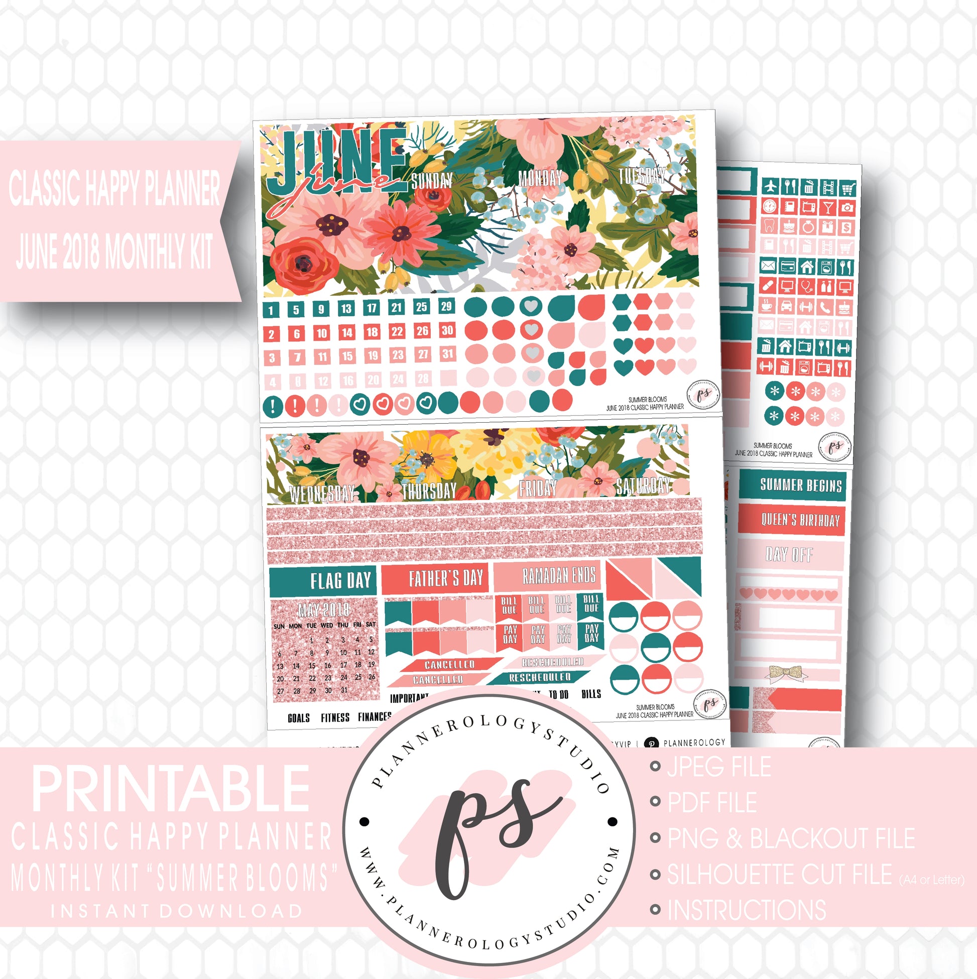 Summer Blooms June 2018 Monthly View Kit Digital Printable Planner Stickers (for use with Classic Happy Planner) - Plannerologystudio