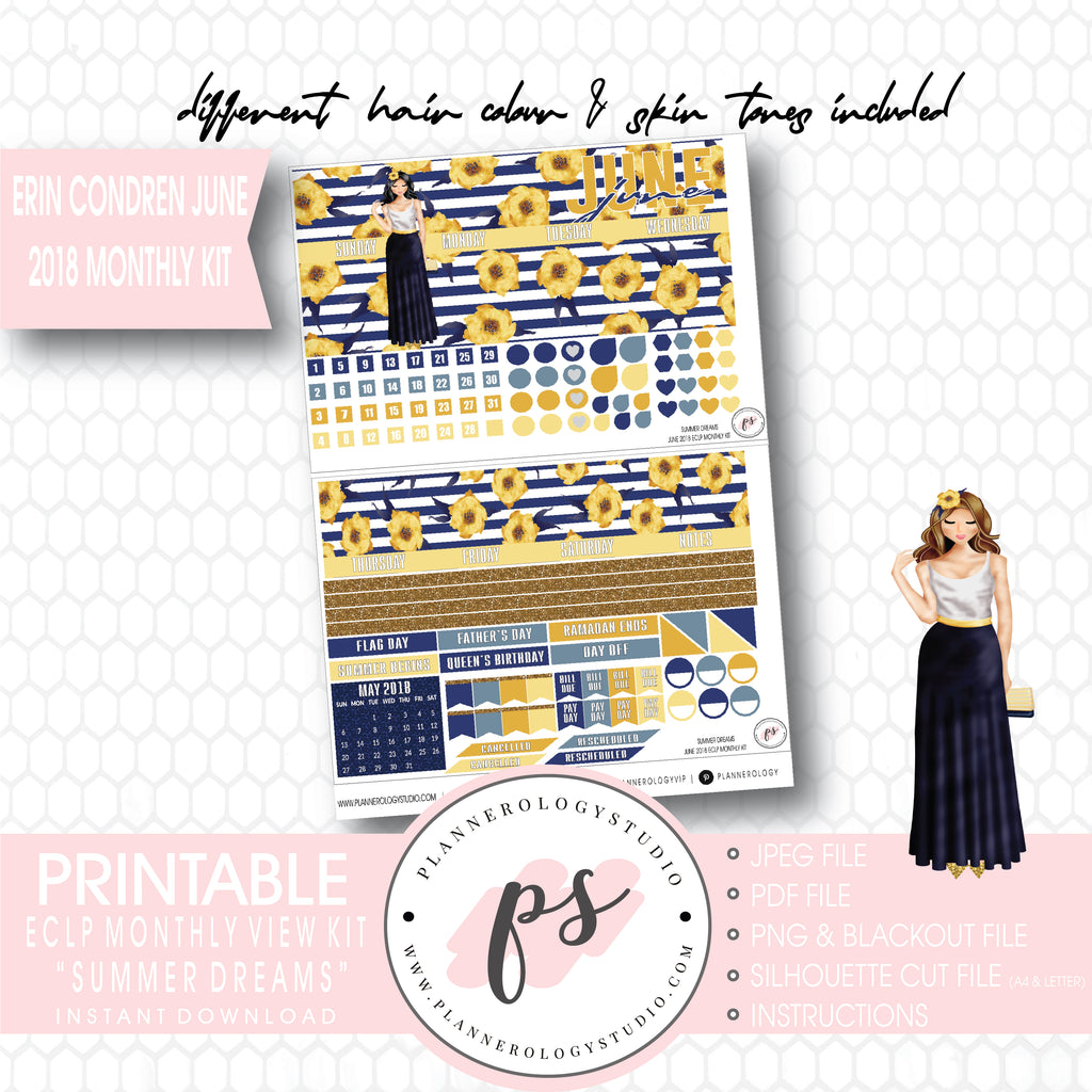 Summer Dreams June 2018 Monthly View Kit Digital Printable Planner Stickers (for use with Erin Condren) - Plannerologystudio