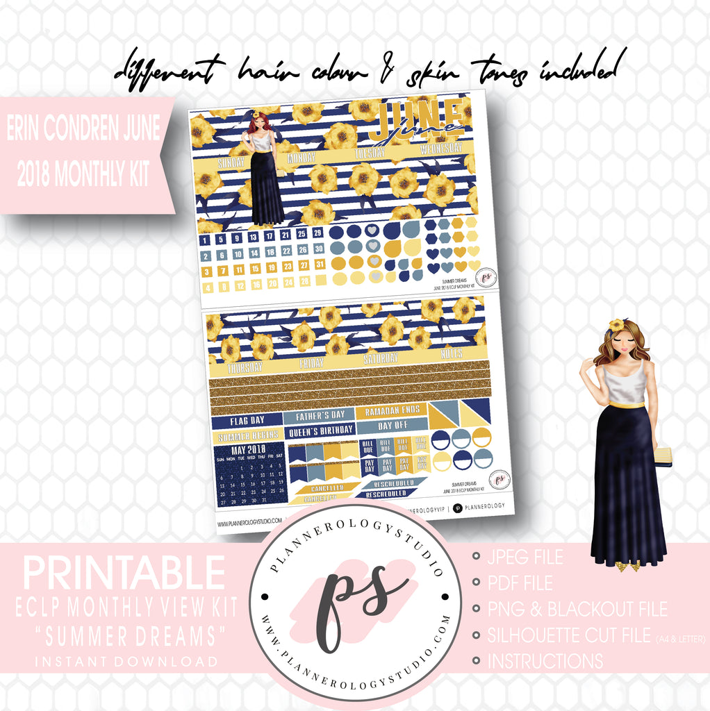 Summer Dreams June 2018 Monthly View Kit Digital Printable Planner Stickers (for use with Erin Condren) - Plannerologystudio