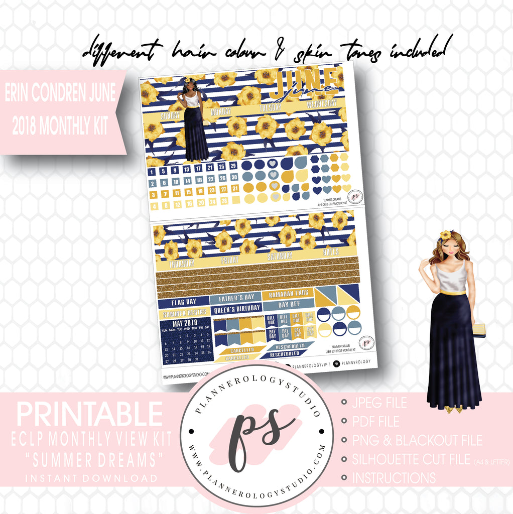 Summer Dreams June 2018 Monthly View Kit Digital Printable Planner Stickers (for use with Erin Condren) - Plannerologystudio