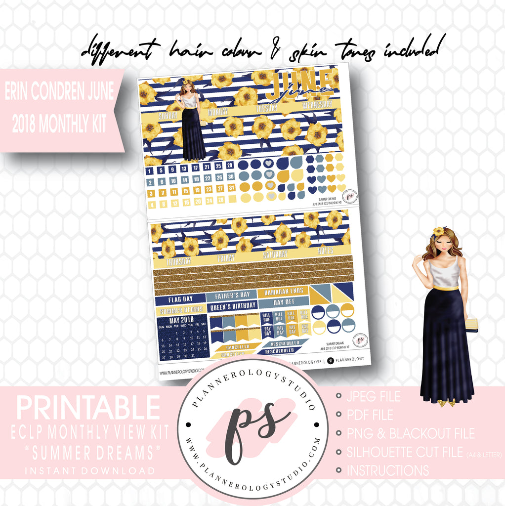 Summer Dreams June 2018 Monthly View Kit Digital Printable Planner Stickers (for use with Erin Condren) - Plannerologystudio