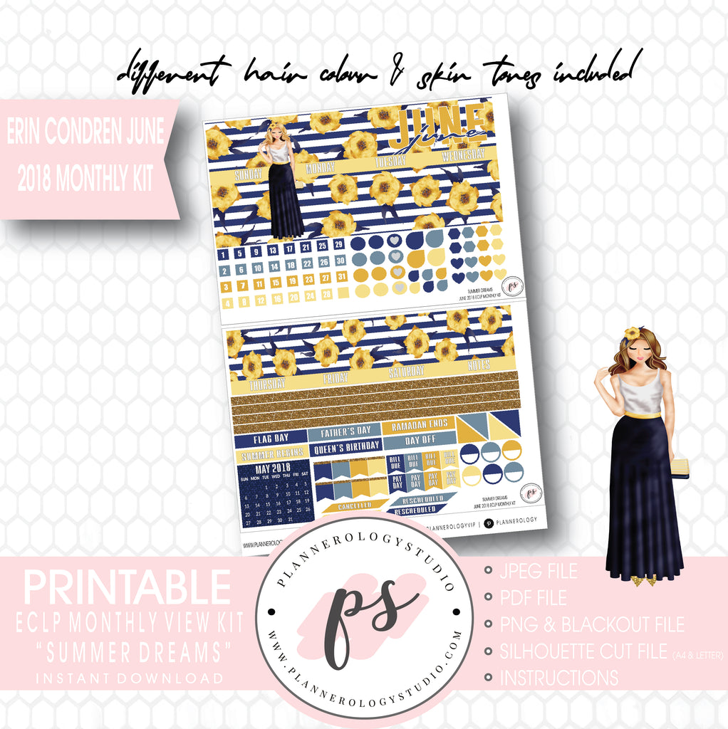 Summer Dreams June 2018 Monthly View Kit Digital Printable Planner Stickers (for use with Erin Condren) - Plannerologystudio