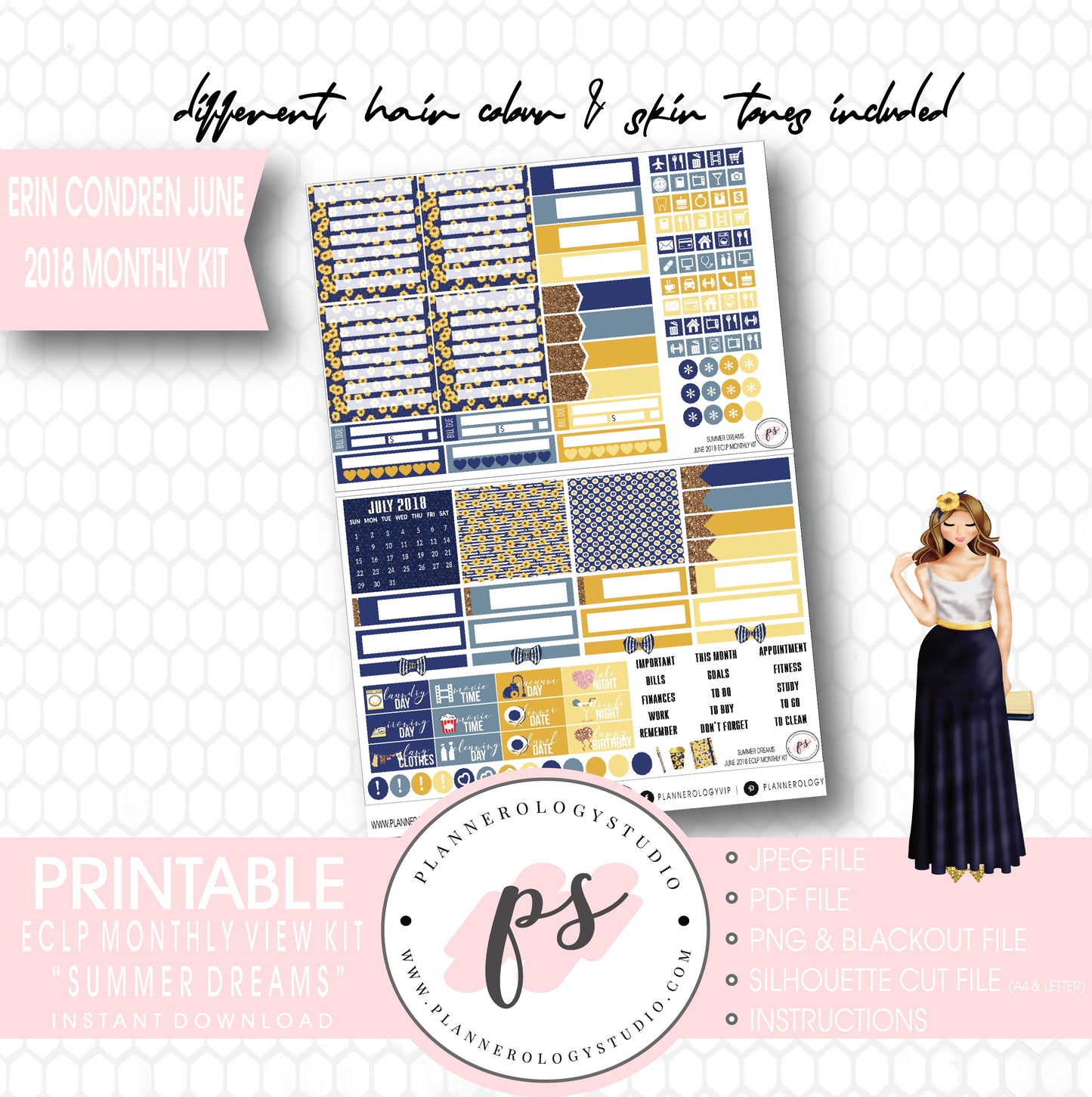 Summer Dreams June 2018 Monthly View Kit Digital Printable Planner Stickers (for use with Erin Condren) - Plannerologystudio