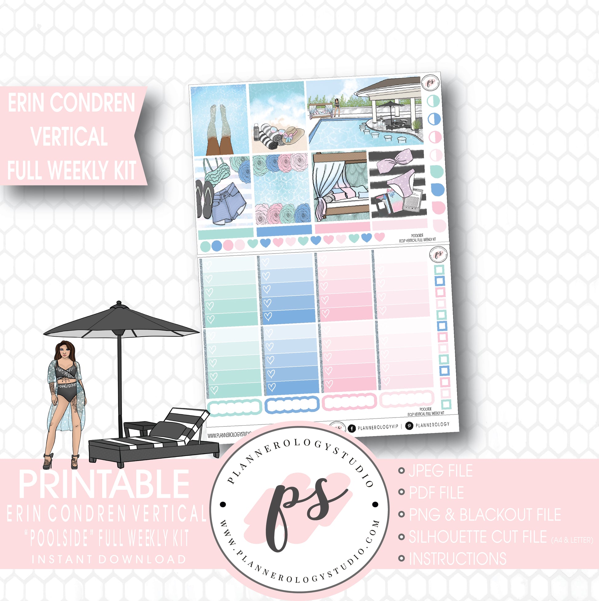 Poolside Full Weekly Kit Printable Planner Stickers (for use with ECLP Vertical) - Plannerologystudio
