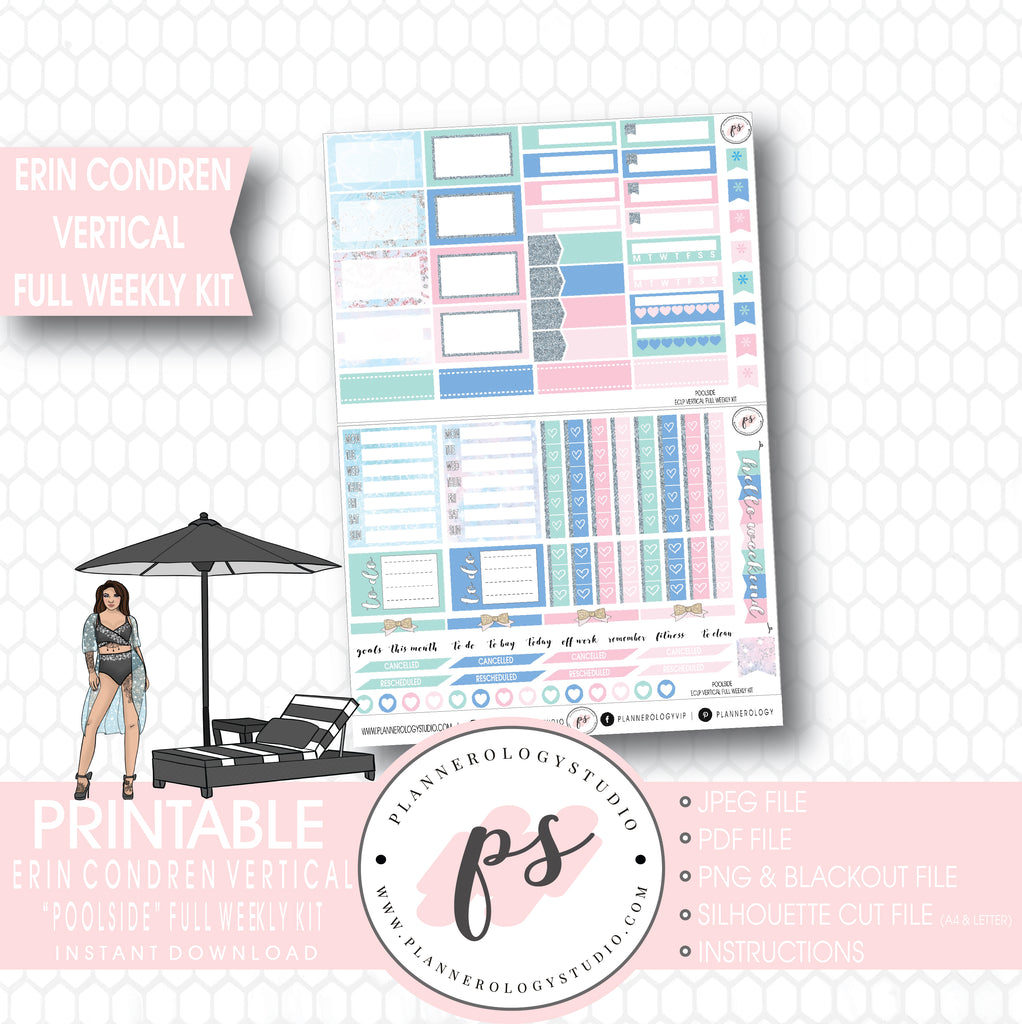 Poolside Full Weekly Kit Printable Planner Stickers (for use with ECLP Vertical) - Plannerologystudio