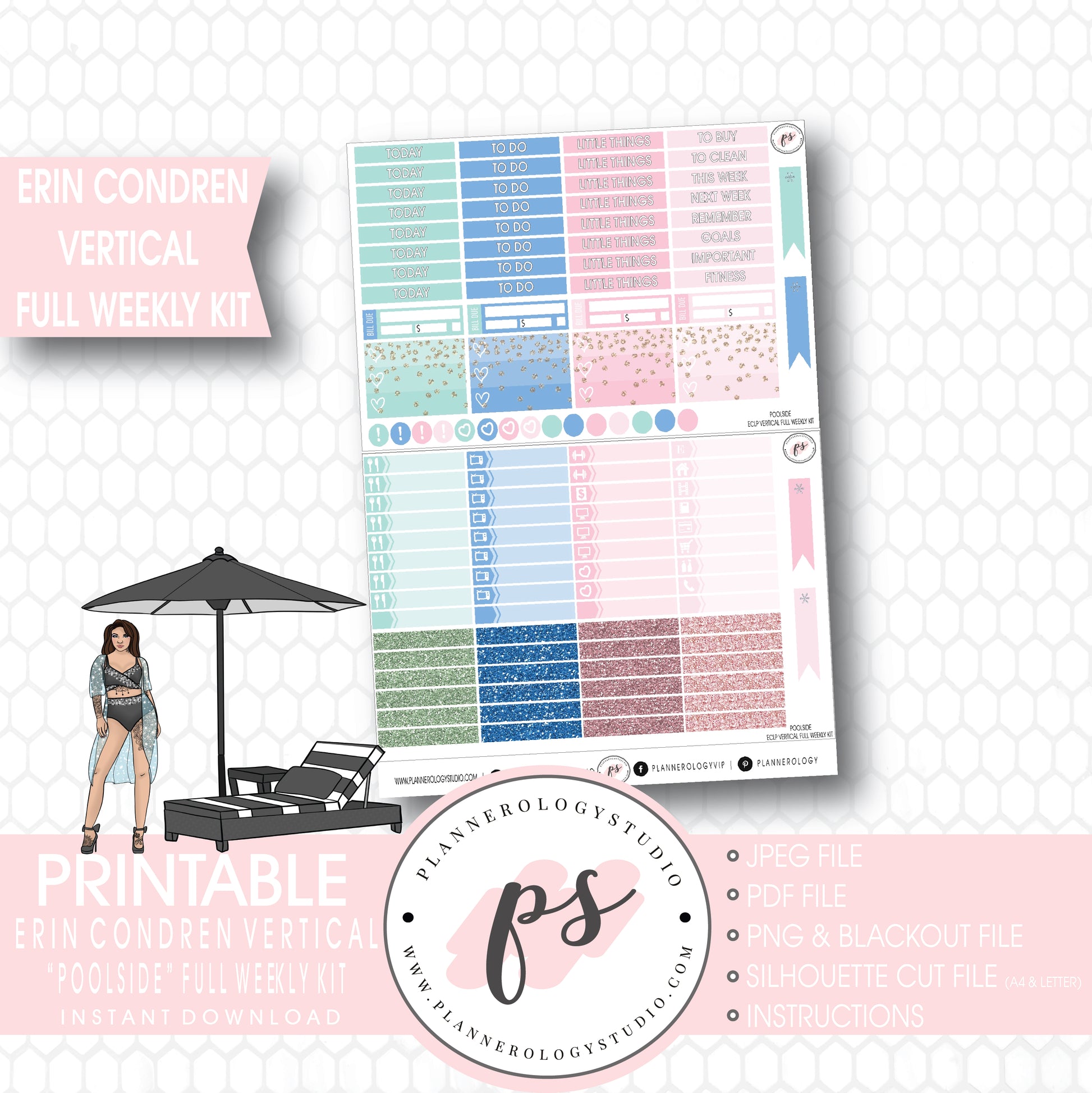 Poolside Full Weekly Kit Printable Planner Stickers (for use with ECLP Vertical) - Plannerologystudio