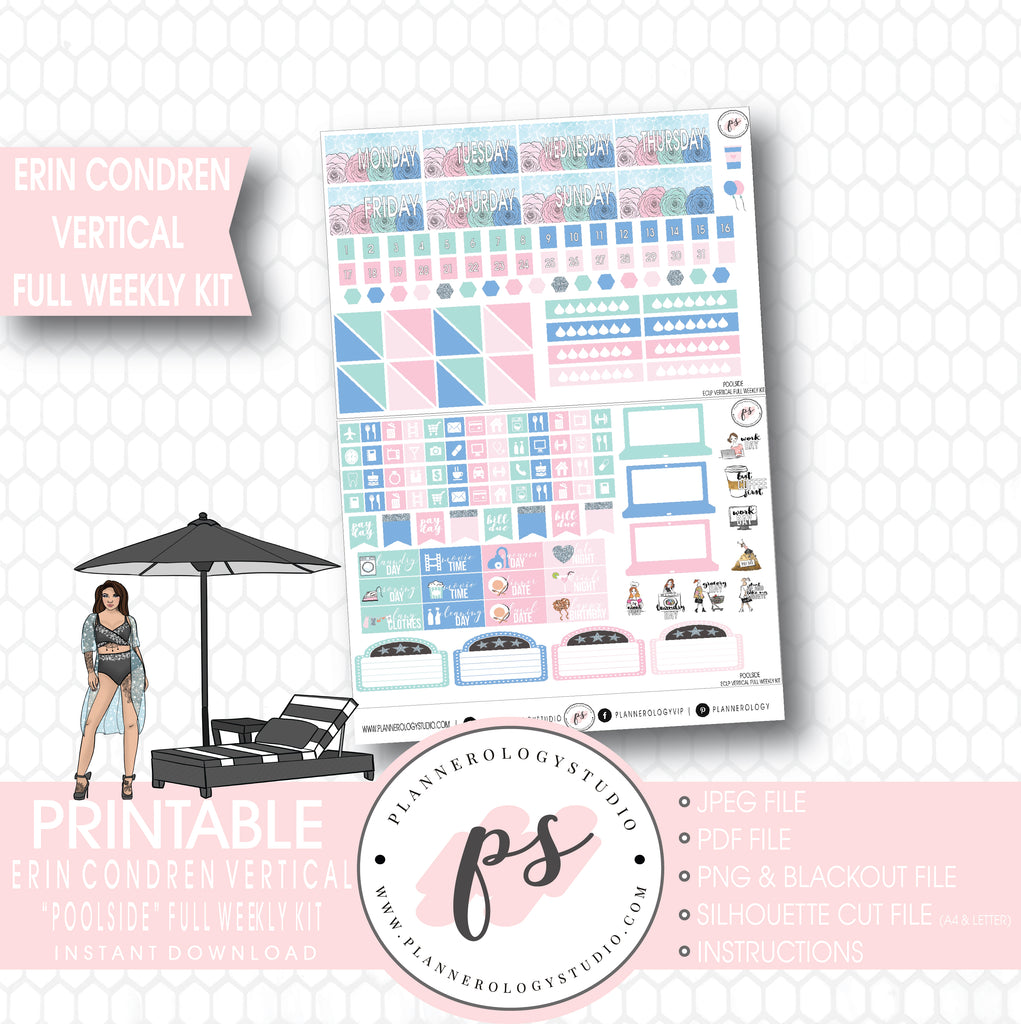 Poolside Full Weekly Kit Printable Planner Stickers (for use with ECLP Vertical) - Plannerologystudio