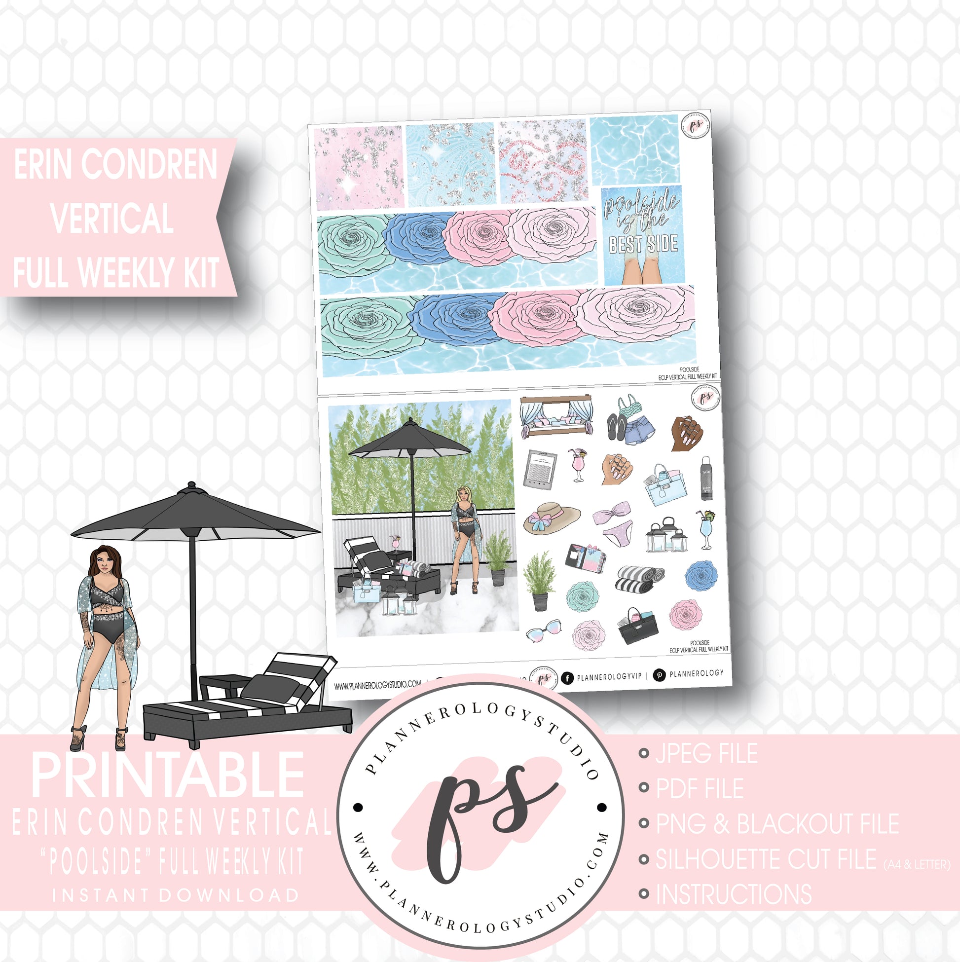 Poolside Full Weekly Kit Printable Planner Stickers (for use with ECLP Vertical) - Plannerologystudio