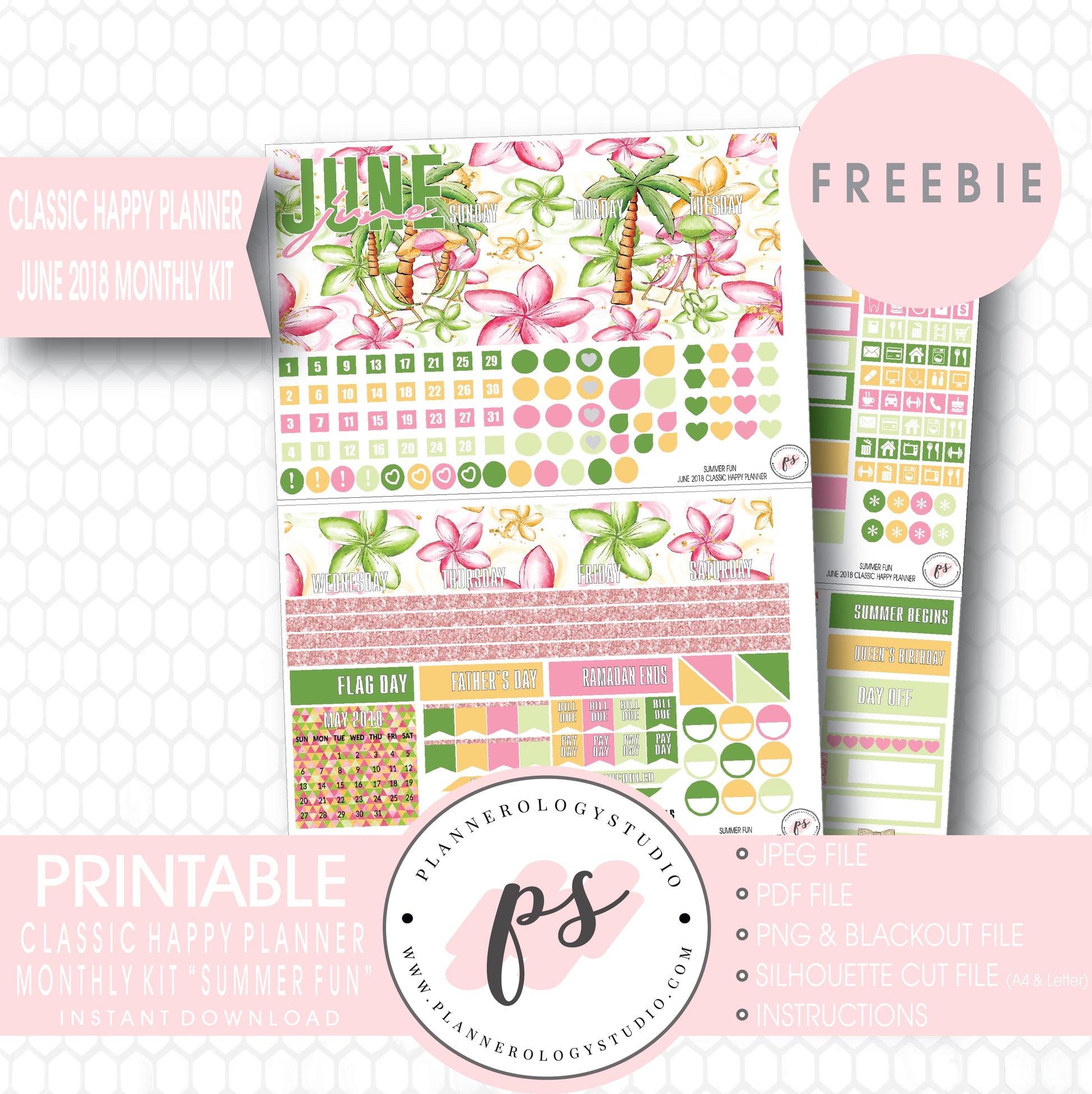 Summer Fun Classic Happy Planner June 2018 Monthly Kit Digital Printable Planner Stickers (PDF/JPG/PNG/Silhouette Cut File Freebie) - Plannerologystudio