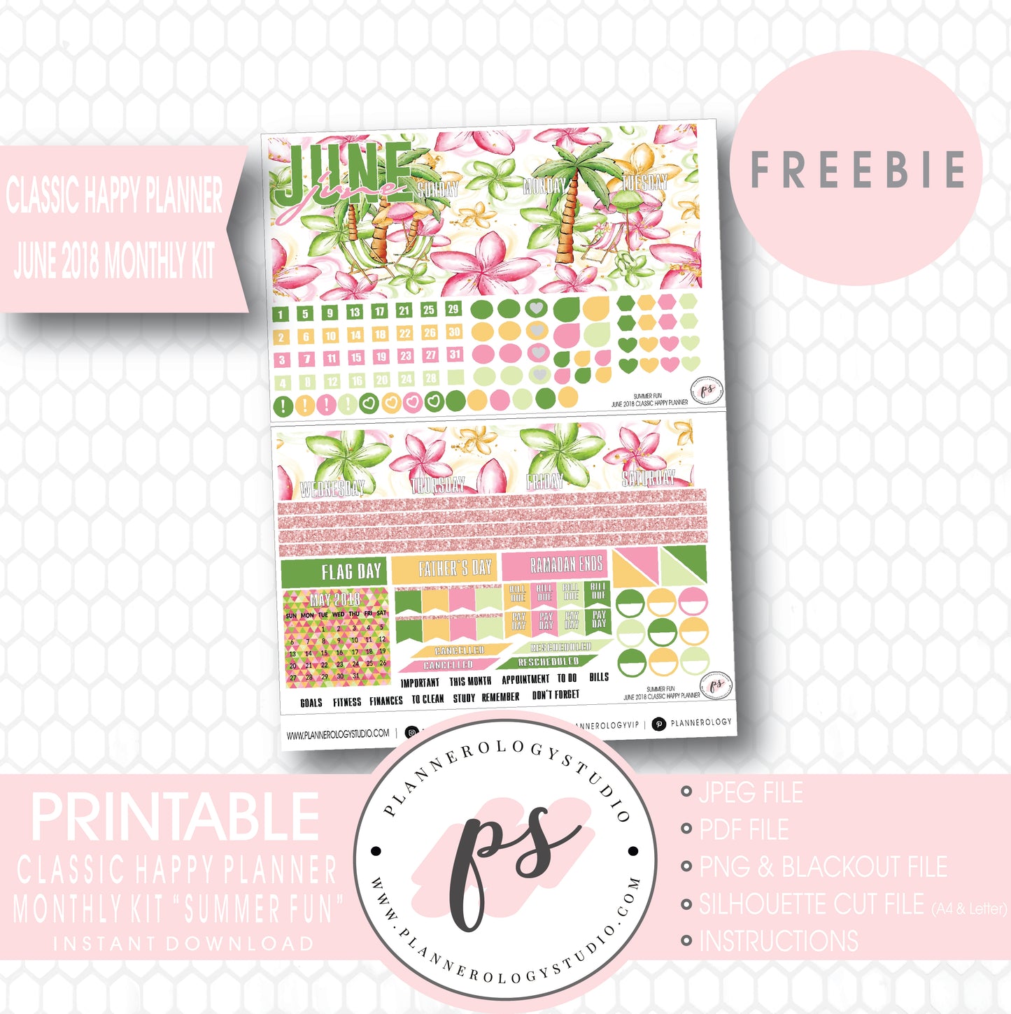 Summer Fun Classic Happy Planner June 2018 Monthly Kit Digital Printable Planner Stickers (PDF/JPG/PNG/Silhouette Cut File Freebie) - Plannerologystudio