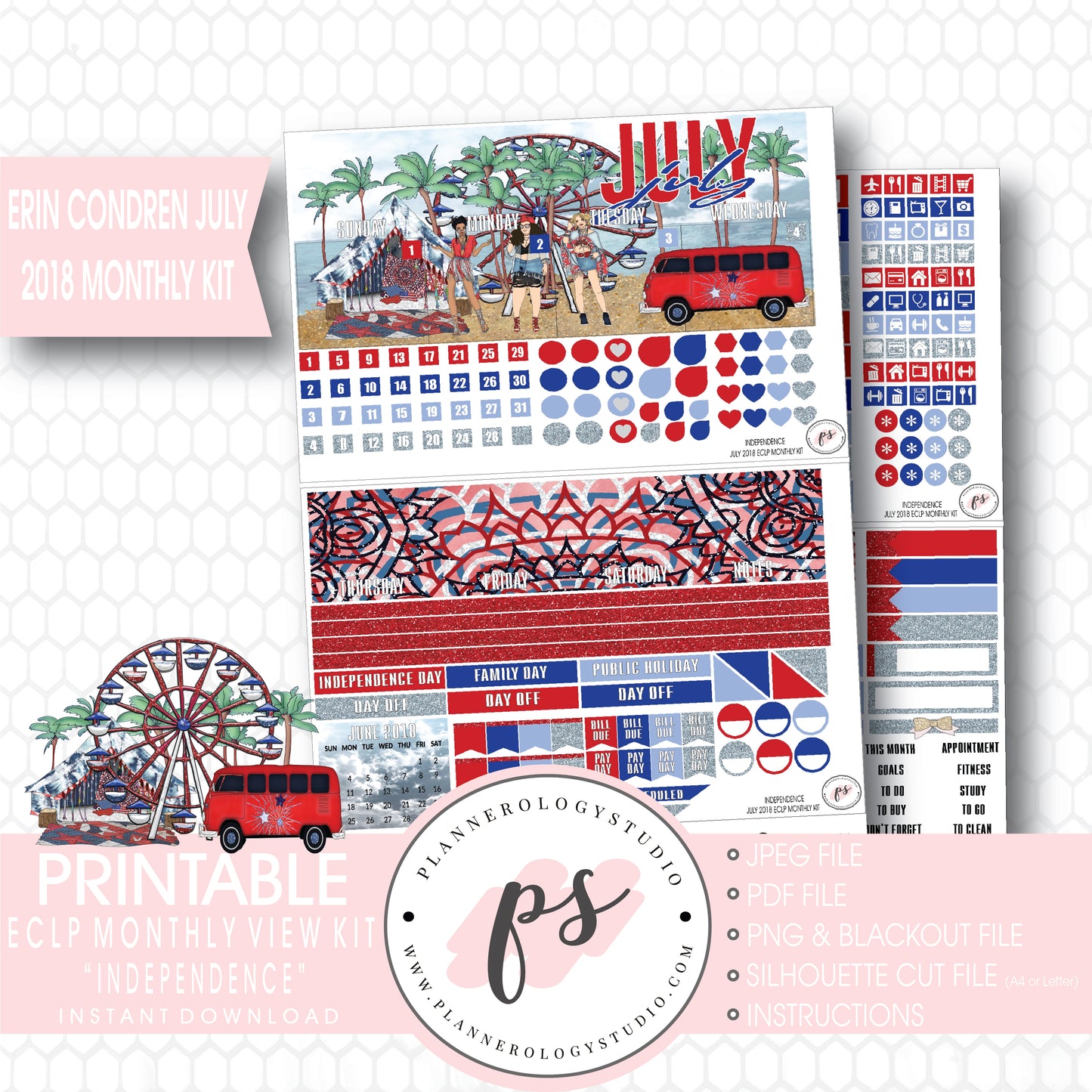 Independence July 2018 Monthly View Kit Digital Printable Planner Stickers (for use with Erin Condren) - Plannerologystudio