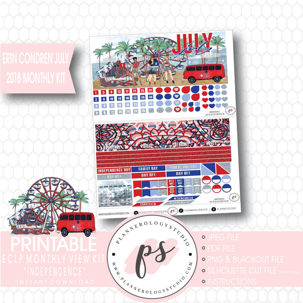 Independence July 2018 Monthly View Kit Digital Printable Planner Stickers (for use with Erin Condren) - Plannerologystudio
