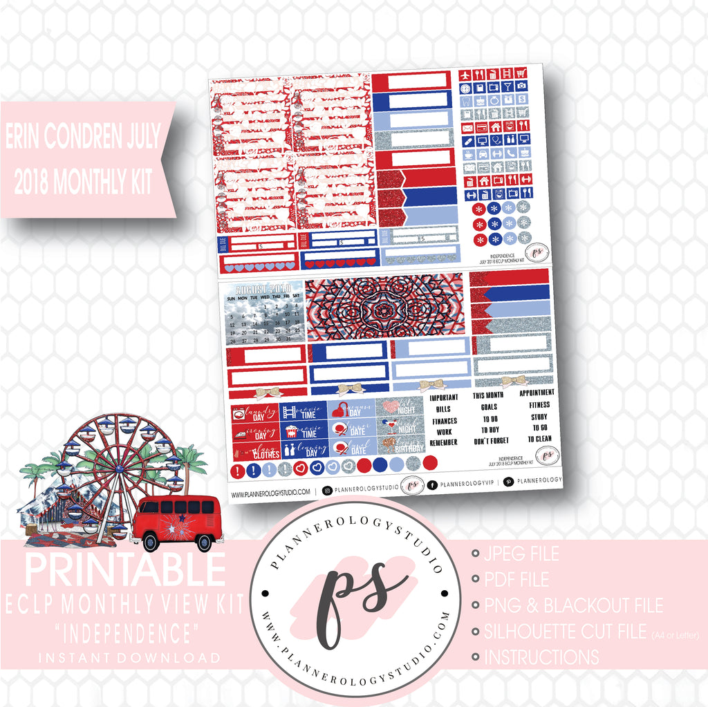 Independence July 2018 Monthly View Kit Digital Printable Planner Stickers (for use with Erin Condren) - Plannerologystudio