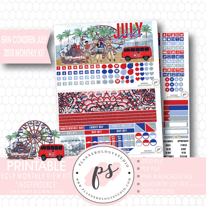 Independence July 2018 Monthly View Kit Digital Printable Planner Stickers (for use with Erin Condren) - Plannerologystudio