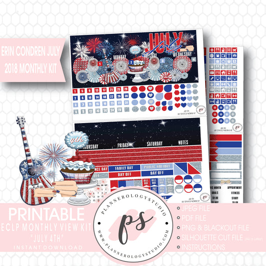 July 4th Independence Day July 2018 Monthly View Kit Digital Printable Planner Stickers (for use with Erin Condren) - Plannerologystudio
