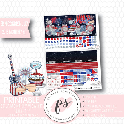 July 4th Independence Day July 2018 Monthly View Kit Digital Printable Planner Stickers (for use with Erin Condren) - Plannerologystudio