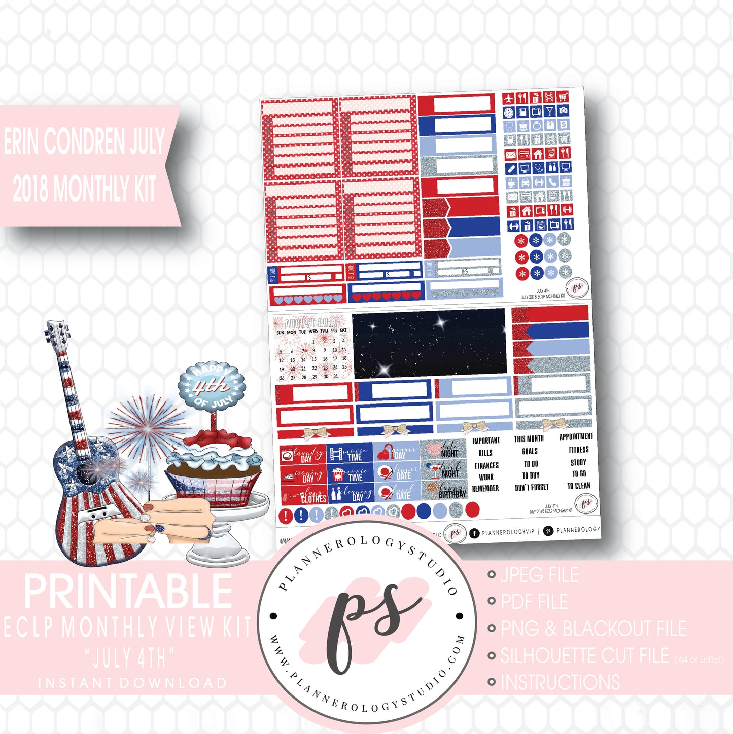 July 4th Independence Day July 2018 Monthly View Kit Digital Printable Planner Stickers (for use with Erin Condren) - Plannerologystudio