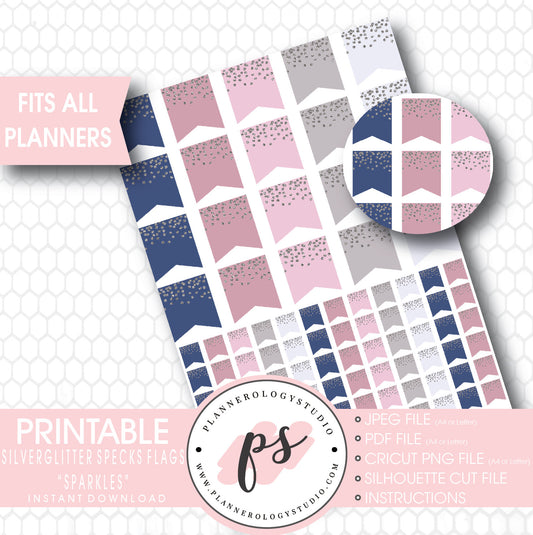 "Sparkles" Silver Glitter Specks Flags Printable Planner Stickers - Plannerologystudio