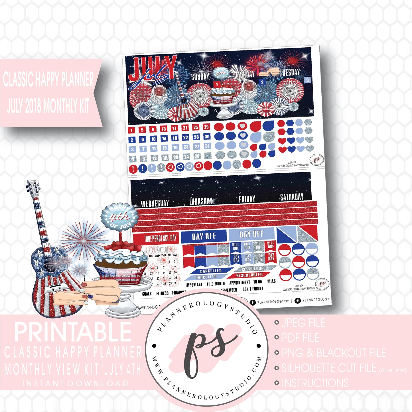 July 4th Independence Day July 2018 Monthly View Kit Digital Printable Planner Stickers (for use with Classic Happy Planner) - Plannerologystudio