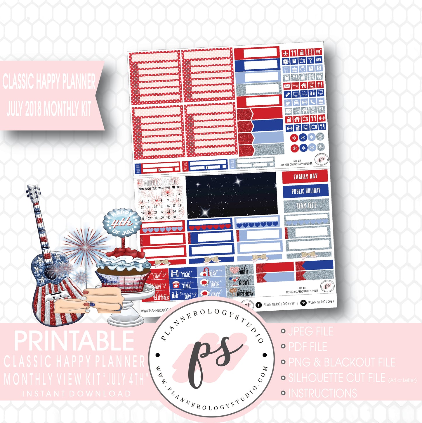 July 4th Independence Day July 2018 Monthly View Kit Digital Printable Planner Stickers (for use with Classic Happy Planner) - Plannerologystudio