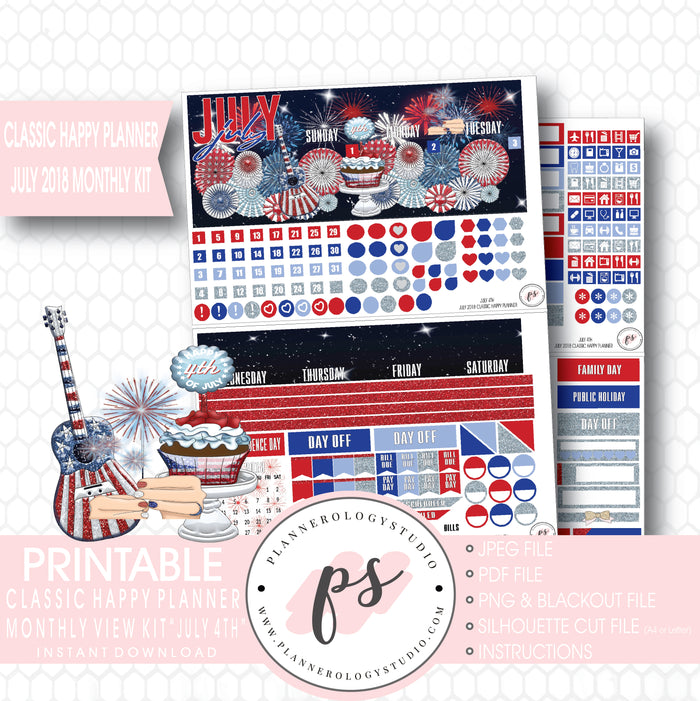 July 4th Independence Day July 2018 Monthly View Kit Digital Printable Planner Stickers (for use with Classic Happy Planner) - Plannerologystudio