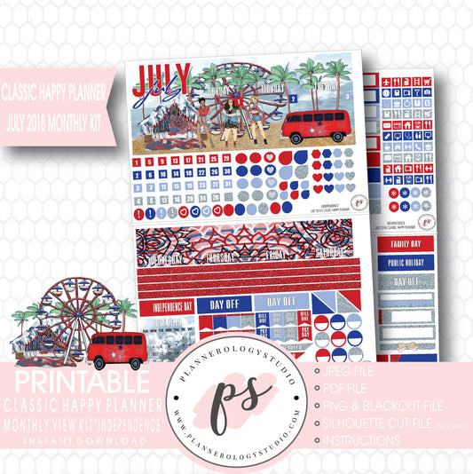 Independence July 2018 Monthly View Kit Digital Printable Planner Stickers (for use with Classic Happy Planner) - Plannerologystudio