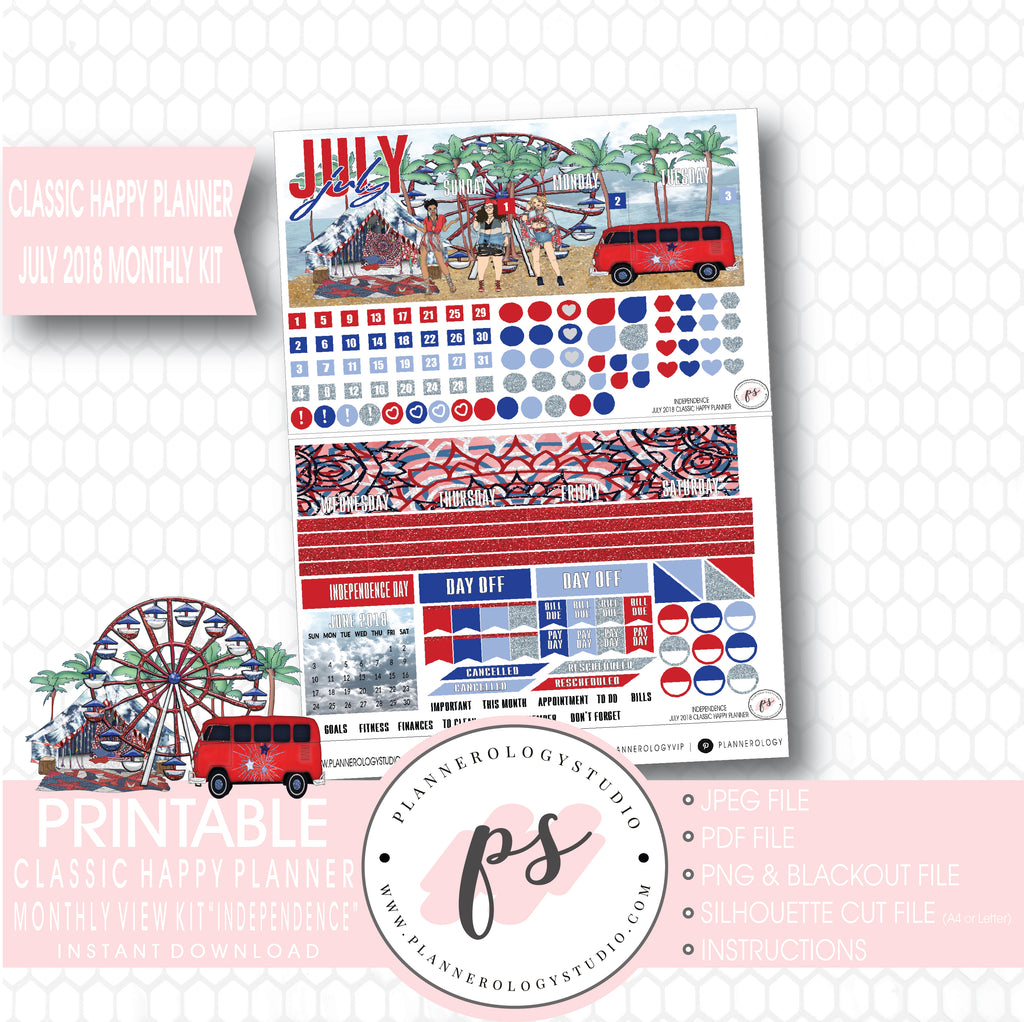 Independence July 2018 Monthly View Kit Digital Printable Planner Stickers (for use with Classic Happy Planner) - Plannerologystudio