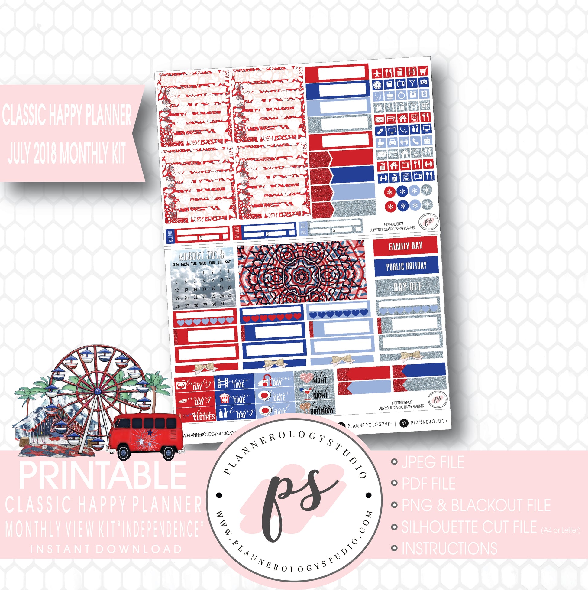 Independence July 2018 Monthly View Kit Digital Printable Planner Stickers (for use with Classic Happy Planner) - Plannerologystudio