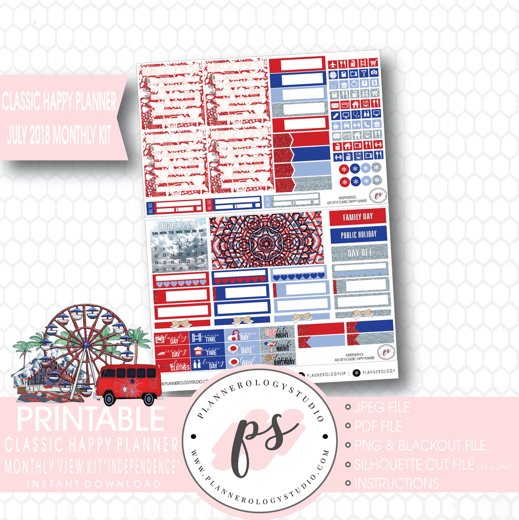 Independence July 2018 Monthly View Kit Digital Printable Planner Stickers (for use with Classic Happy Planner) - Plannerologystudio