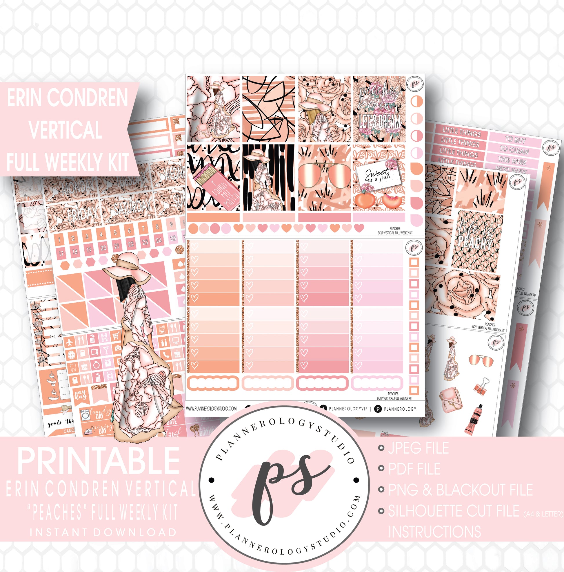 Peaches Full Weekly Kit Printable Planner Stickers (for use with ECLP Vertical) - Plannerologystudio